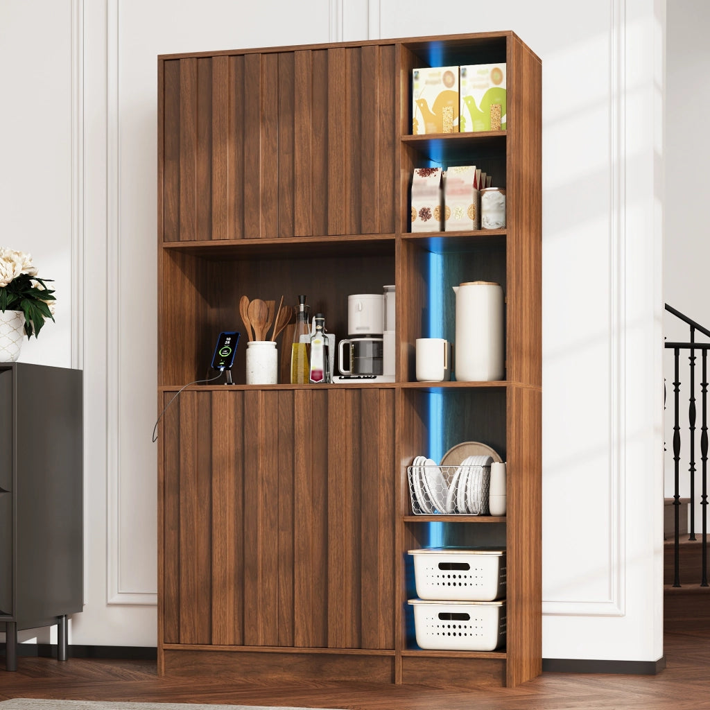 Mobile credenza da cucina con LED e presa elettrica, 2 ante e vani aperti per cucina e soggiorno, noce 105 × 40 × 180 cm
