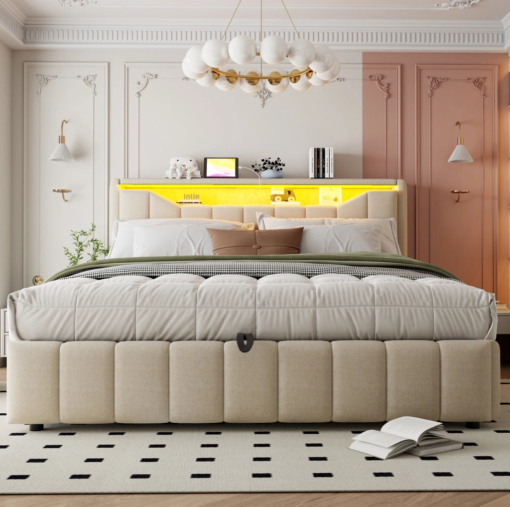 Letto imbottito beige con contenitore idraulico, LED e ricarica USB