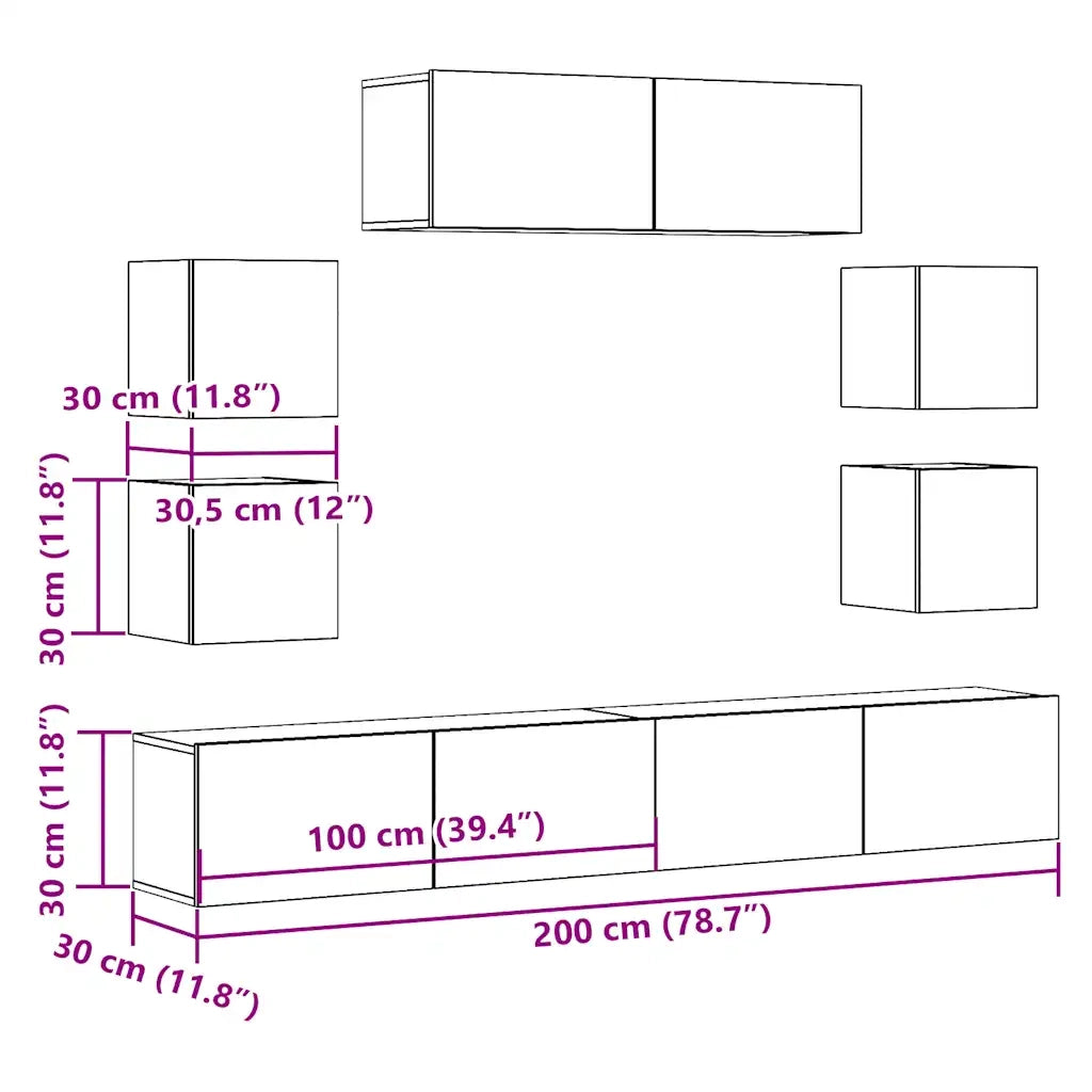 Set Mobile TV 7 pz Montato a Parete Rovere in Legno Multistrato 3329016
