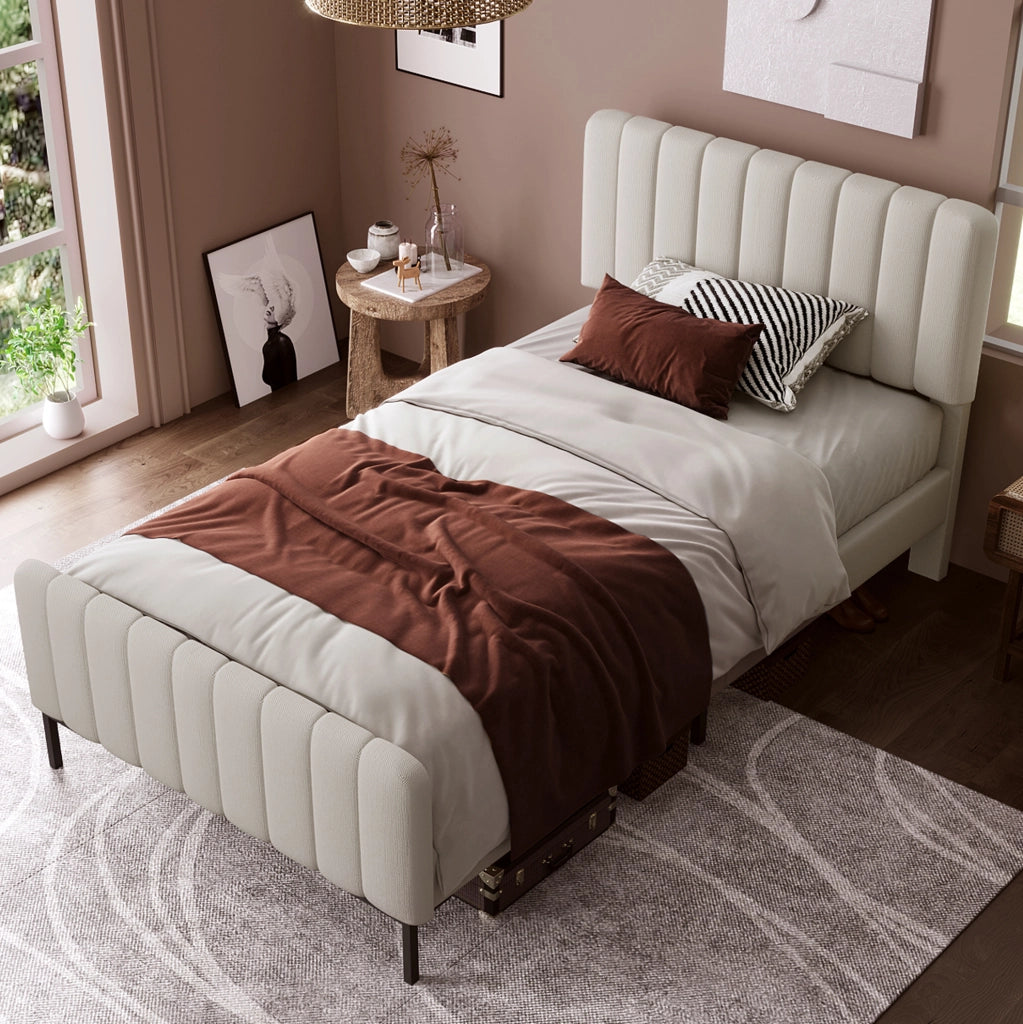 Letto imbottito singolo 90x200 cm con testiera regolabile; lino grigio beige