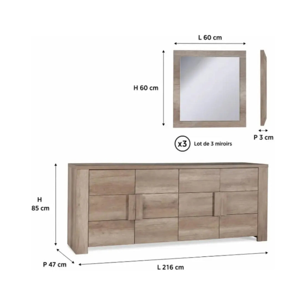 Buffet 4 porte FARRA quercia dab sonoma con 3 specchi quadrati