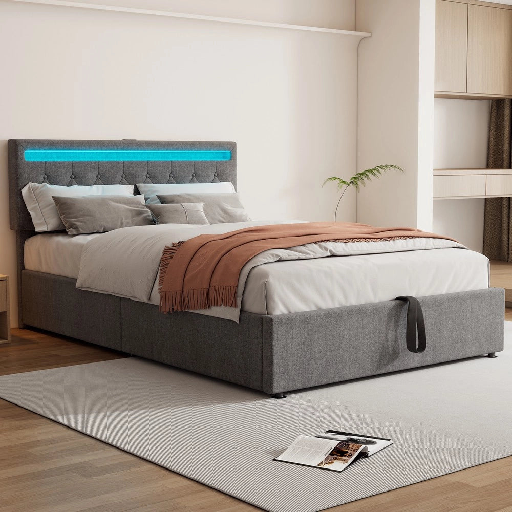 Letto Contenitore Imbottito con LED e USB ¨C MINIMAL ¨C Grigio 140x200