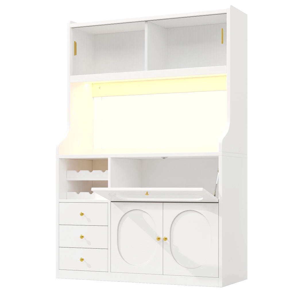 Credenza alta con 3 cassetti; LED RGB e ripiani regolabili per cucina in MDF 120x40x180 cm bianco