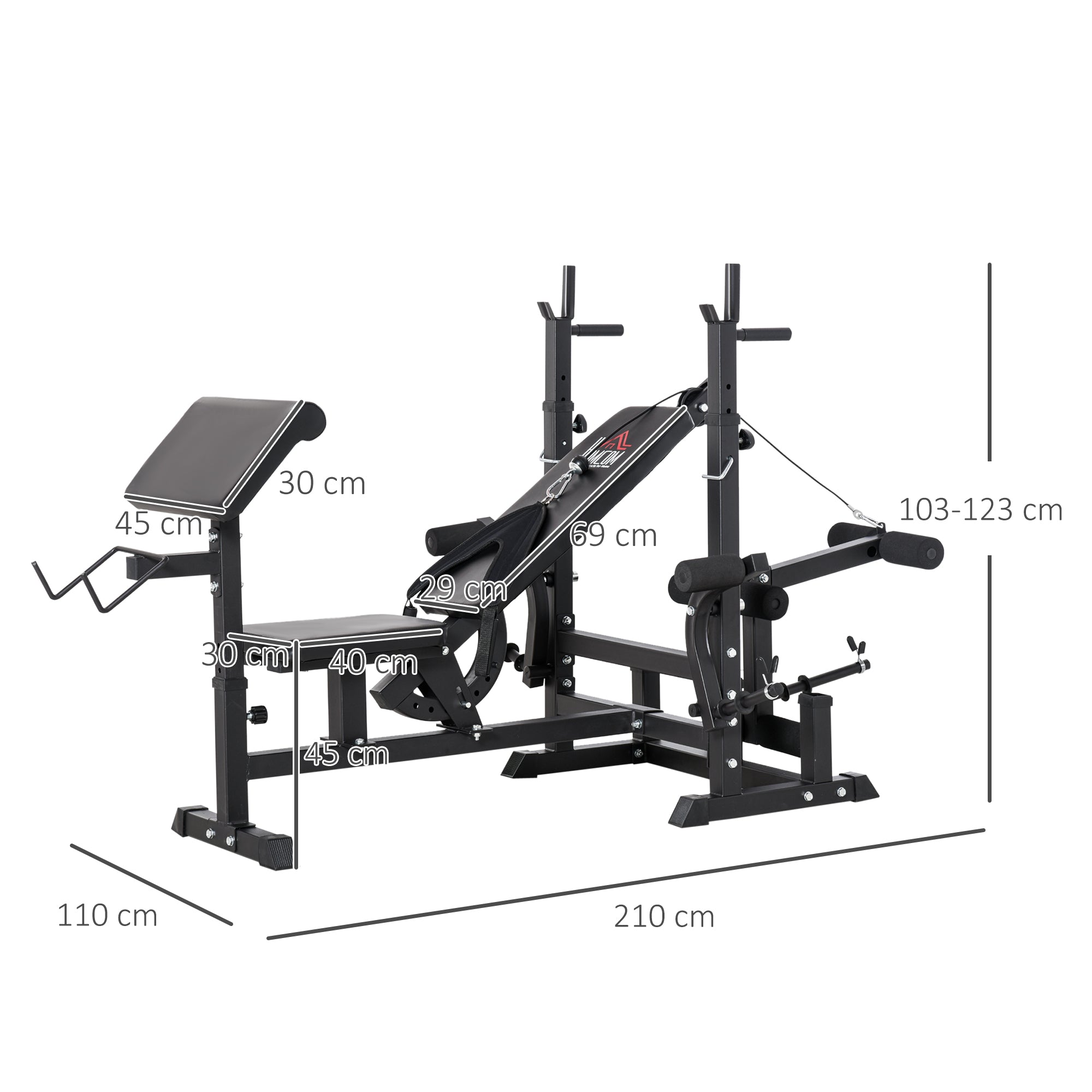 Panca da Palestra Regolabile con Supporto per Bilanciere 210x110x103-123 cm in Acciaio e PU Nero