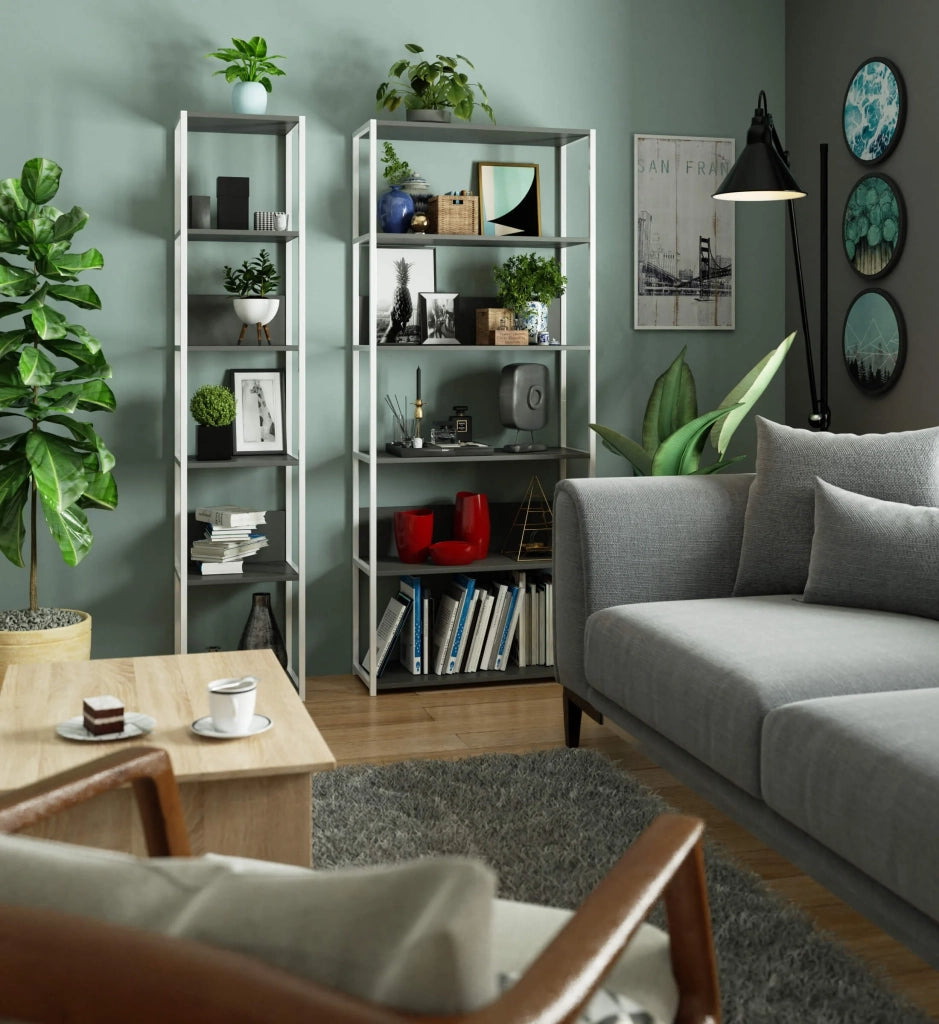 Scaffale stilo loft con ripiani in legno 40 cm Bianca 40 cm inserto frontale Grigio 40x32x192 cm