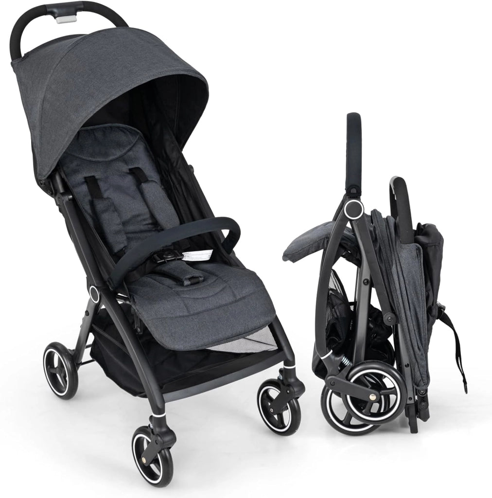 Passeggino Leggero per Bambini, Passeggino Pieghevole con Schienale Regolabile, Tettuccio, Cintura di Sicurezza a 5 Punti, Cestello Portaoggetti, per Bambini 0-36 Mesi (Nero)