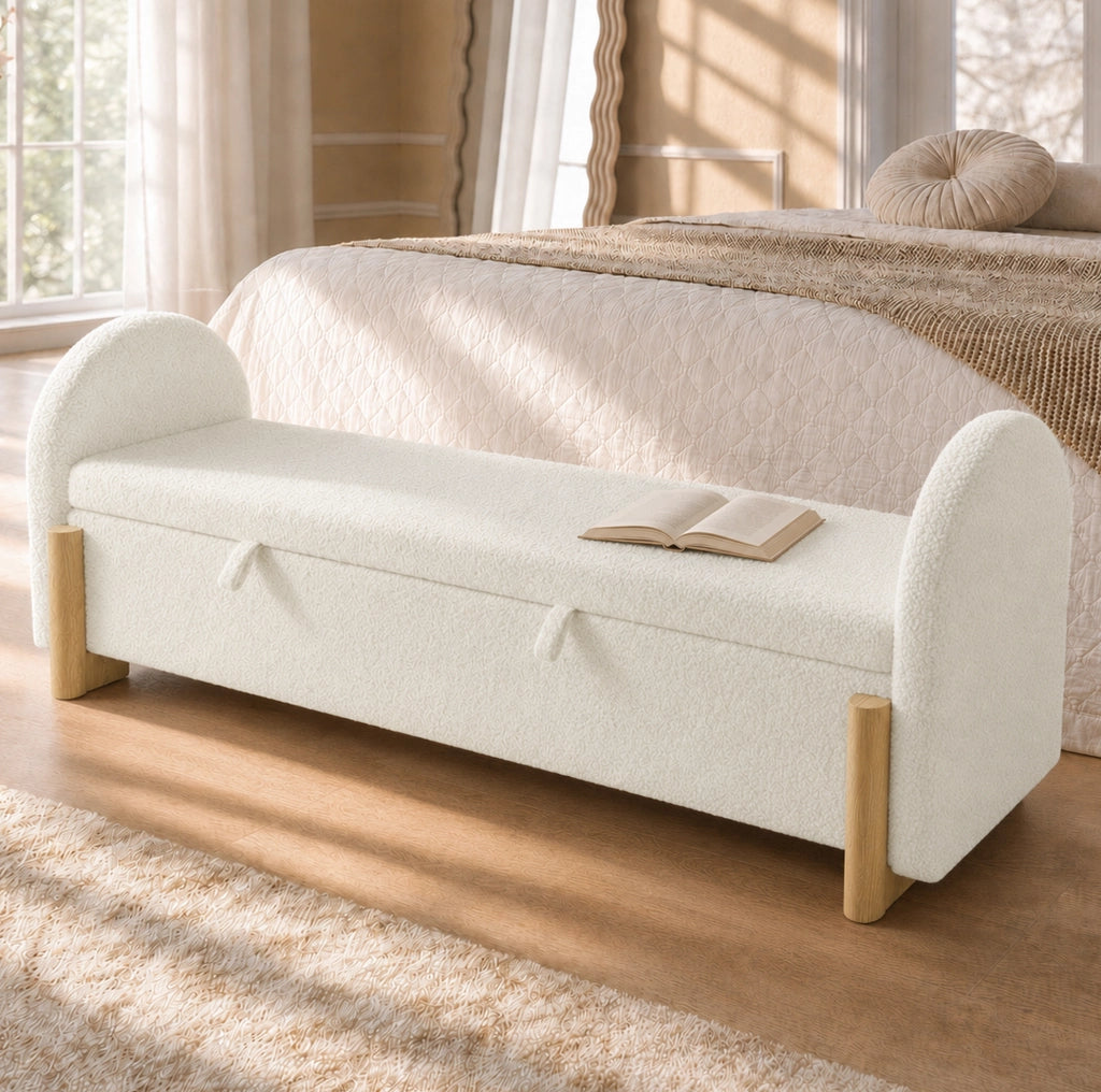 Panca contenitore per camera 186x47x61 cm in chenille bouclé bianco con vano portaoggetti idraulico