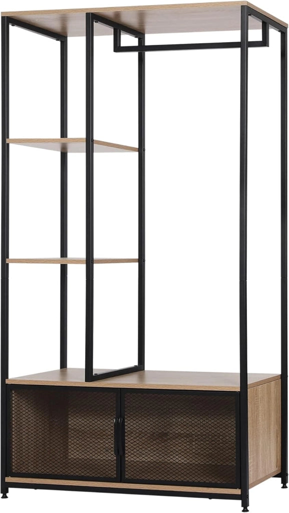 Stand Appendiabiti con Multi Scaffali Laterali e Armadietto Guardaroba Scaffale Porta Abiti in Legno e Metallo, Rovere Chiaro