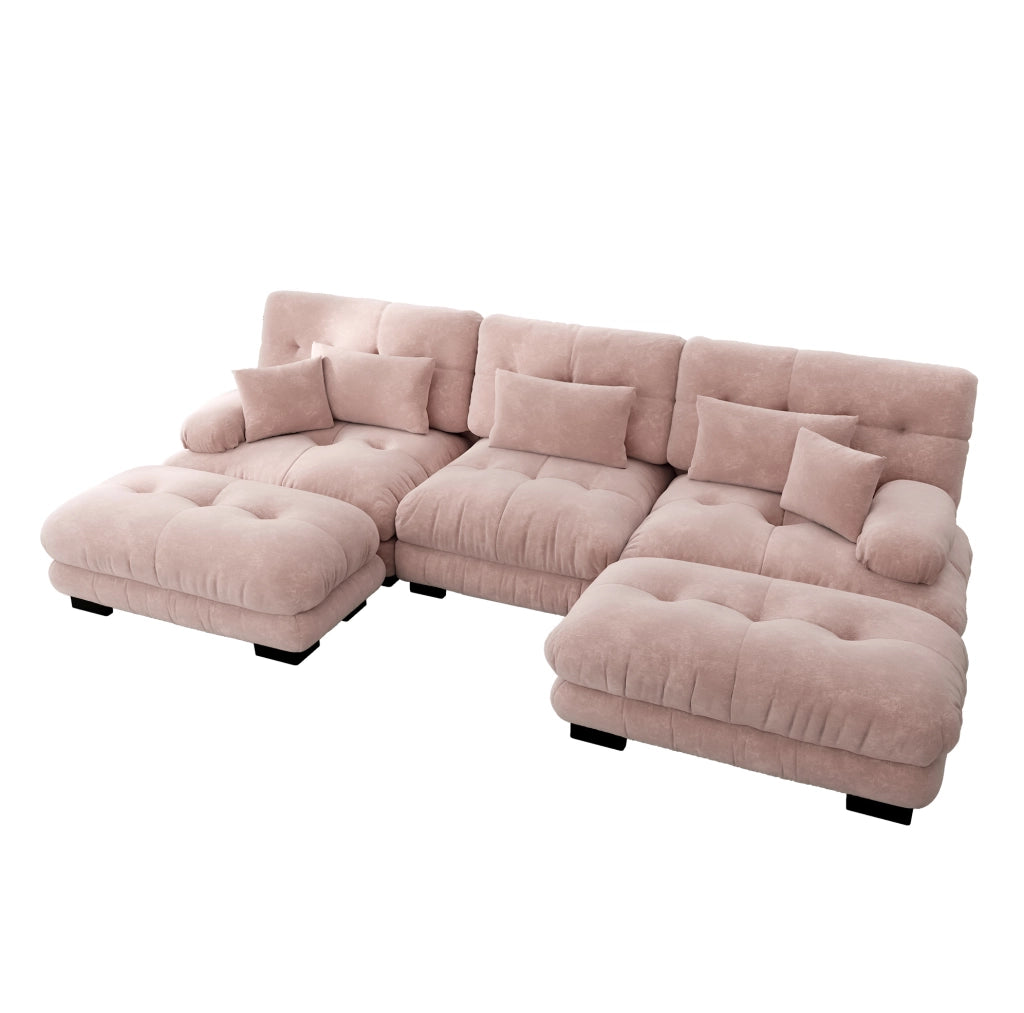 Divano modulare con ottomane mobili in ciniglia rosa