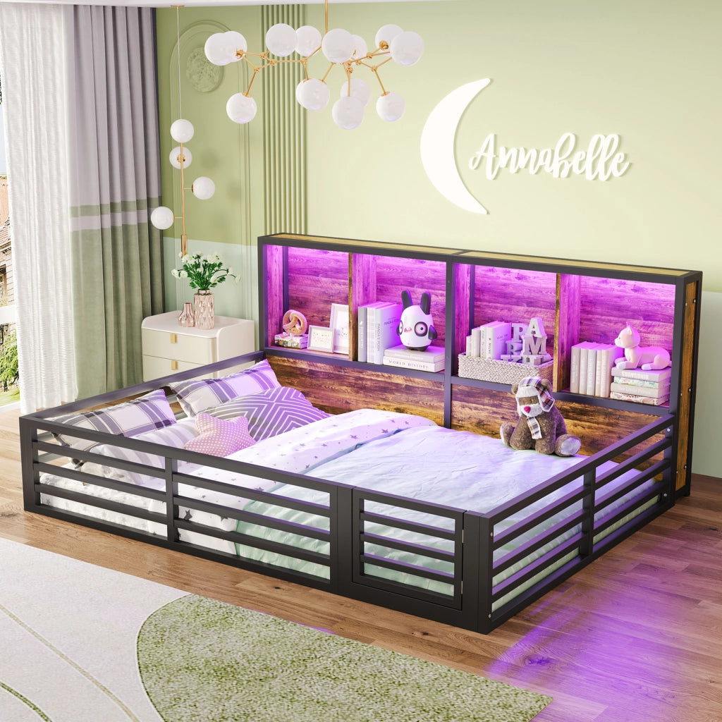 Letto con Sponda Letto Singolo 140x200 cm con LED; ripiani laterali; Nero