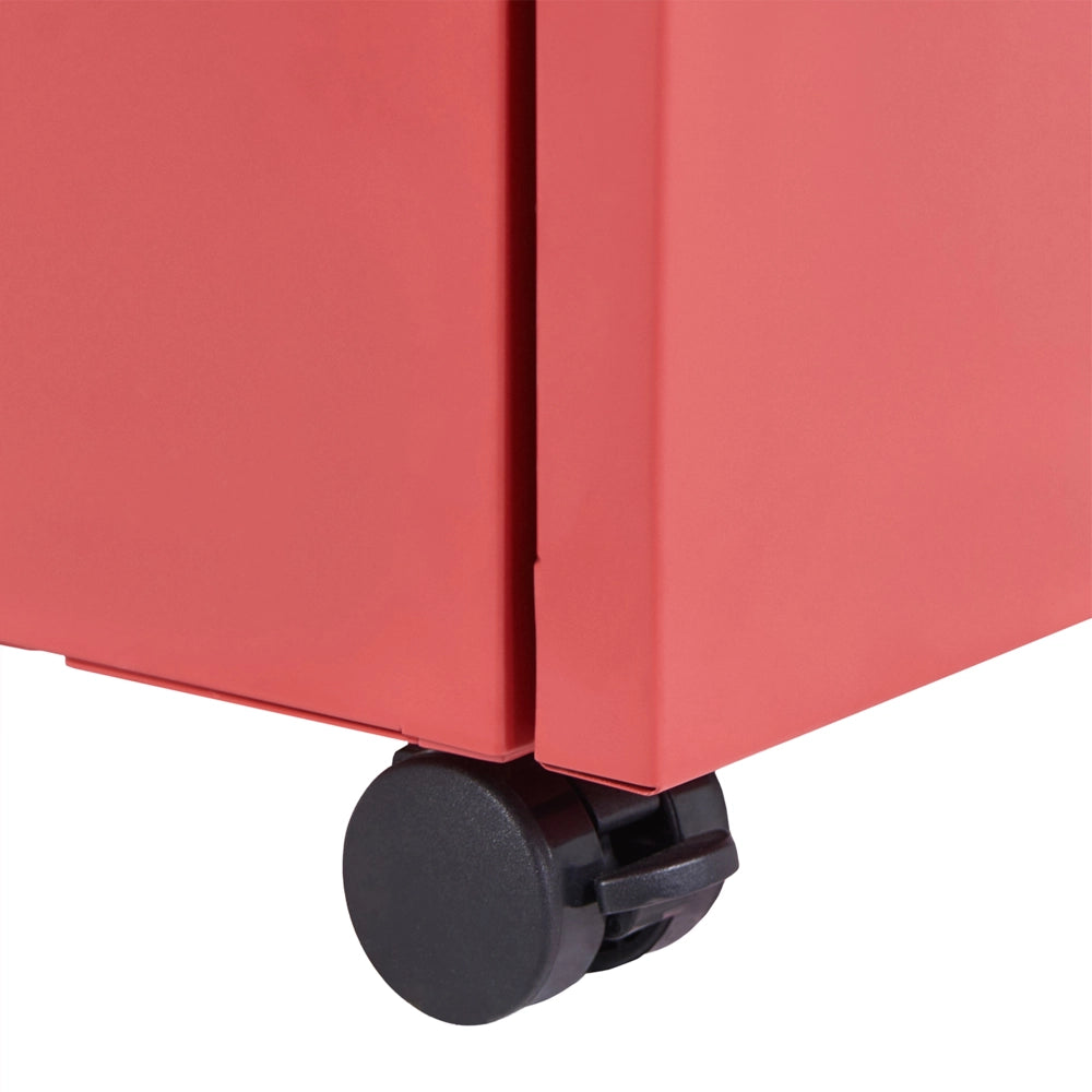 Mobile contenitore in acciaio rosso a 3 cassetti con rotelle in plastica e serratura a chiave per ufficio moderno