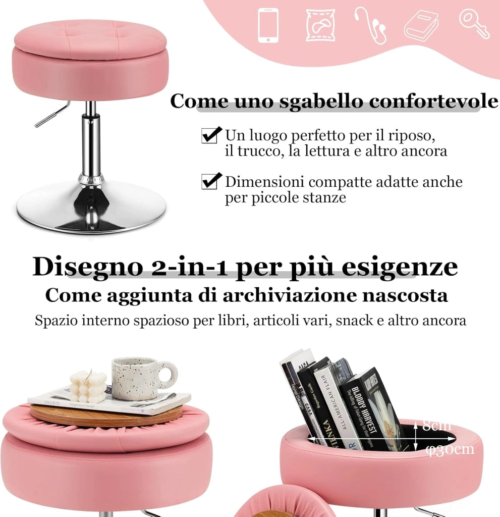 Sgabello Girevole Altezza Regolabile con Portaoggetti, Poggiapiedi Sgabelli da Trucco, Tavolino da Caffè, Sgabello da Lavoro Rotondo in Finta Pelle per Bar, Ufficio, Soggiorno, Camera (Rosa)