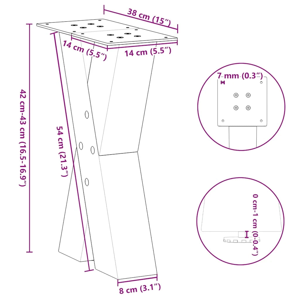 Set di 2 gambe regolabili per tavolino da caffè a forma di X 38 x 42 cm design moderno acciaio naturale 02_0057227