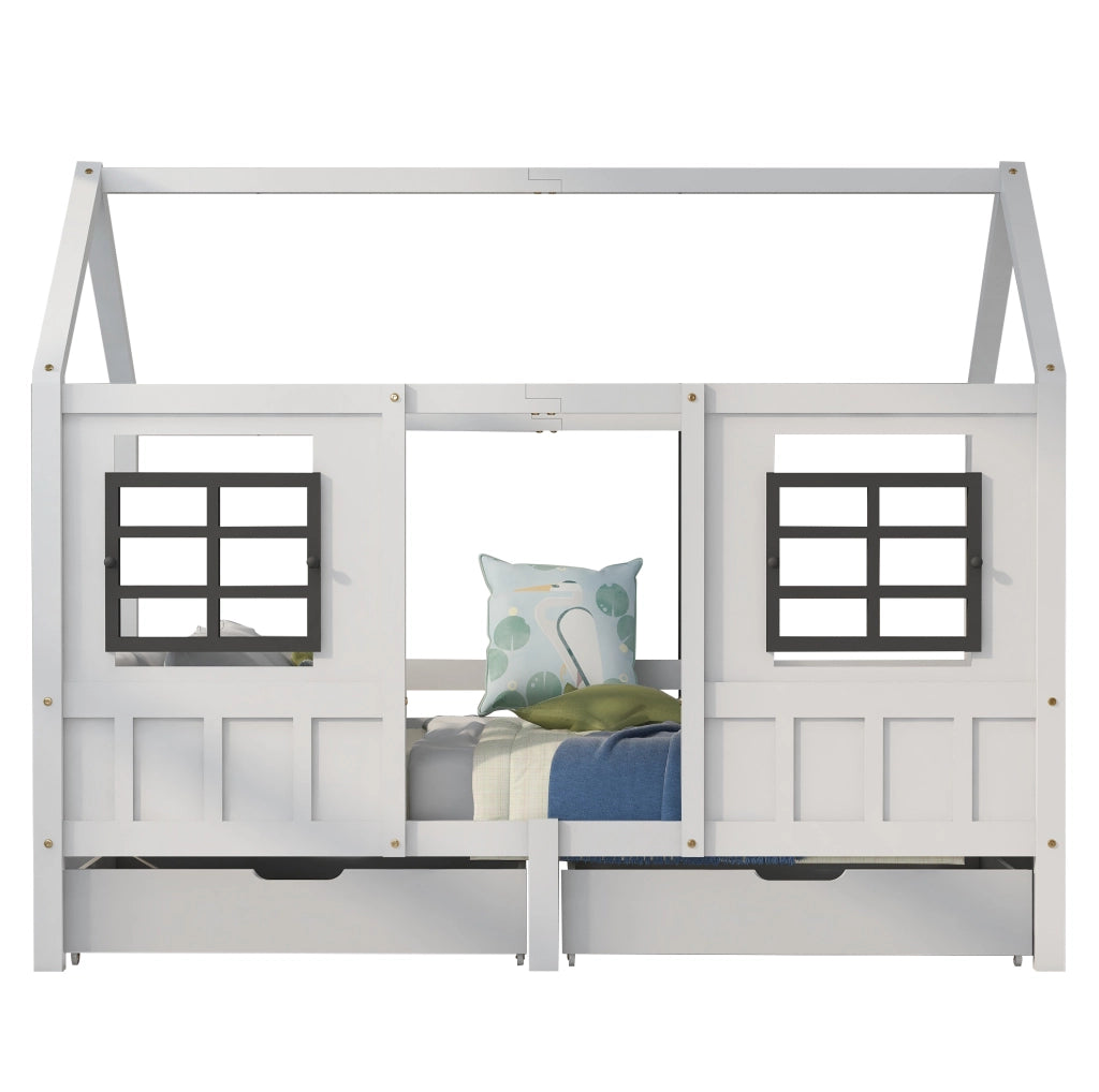 Letto singolo a casetta 200x90 cm con 2 cassetti e finestre; in legno massello e MDF; bianco
