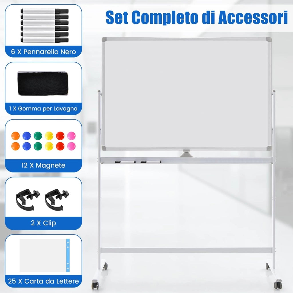 Lavagna Bianca Mobile 120 x 80 cm, Lavagna a Doppia Faccia Magnetica Cancellabile a Secco con Cavalletto e Ruote, Altezza Regolabile 2 Livelli, Accessori Completi (Bianco)