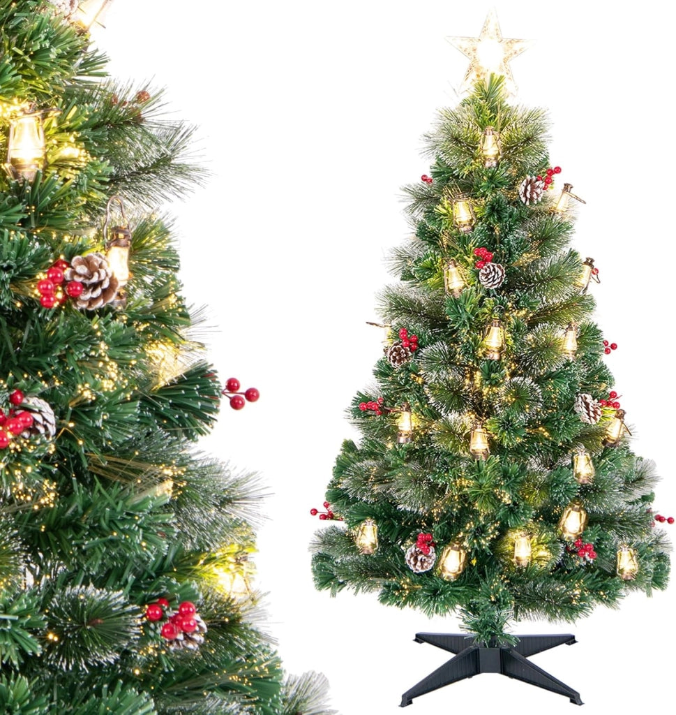 Albero di Natale 150CM/180CM, Albero di Natale con 49/64 Luci LED, Fibre Ottiche, 8 Modalità di Illuminazione e 170/220 Rami, Ago di Pino, Pigne, Bacche Rosse e Lampade a Paraffina (180 CM)