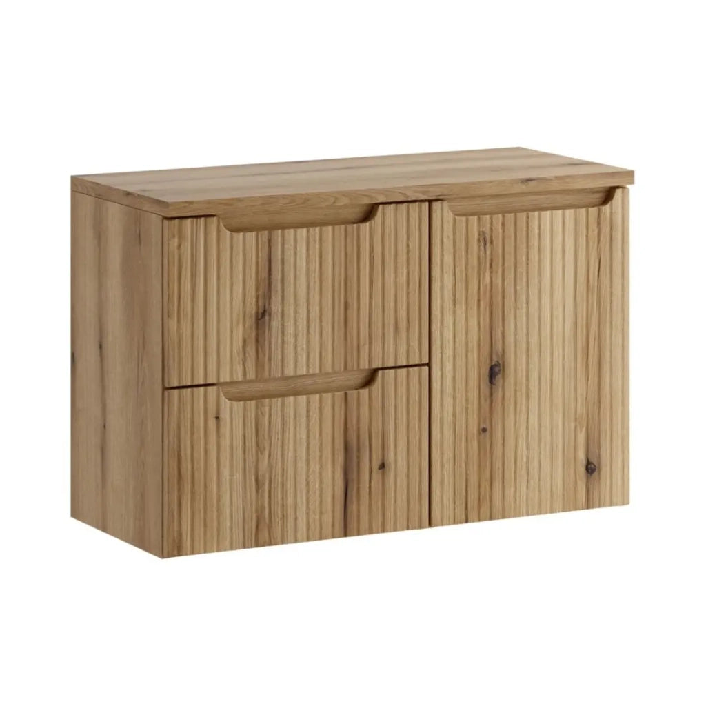 Set da bagno VANO in rovere chiaro 90cm: mobile sottolavabo con cassetti e cesto della biancheria integrato + piano per lavabo