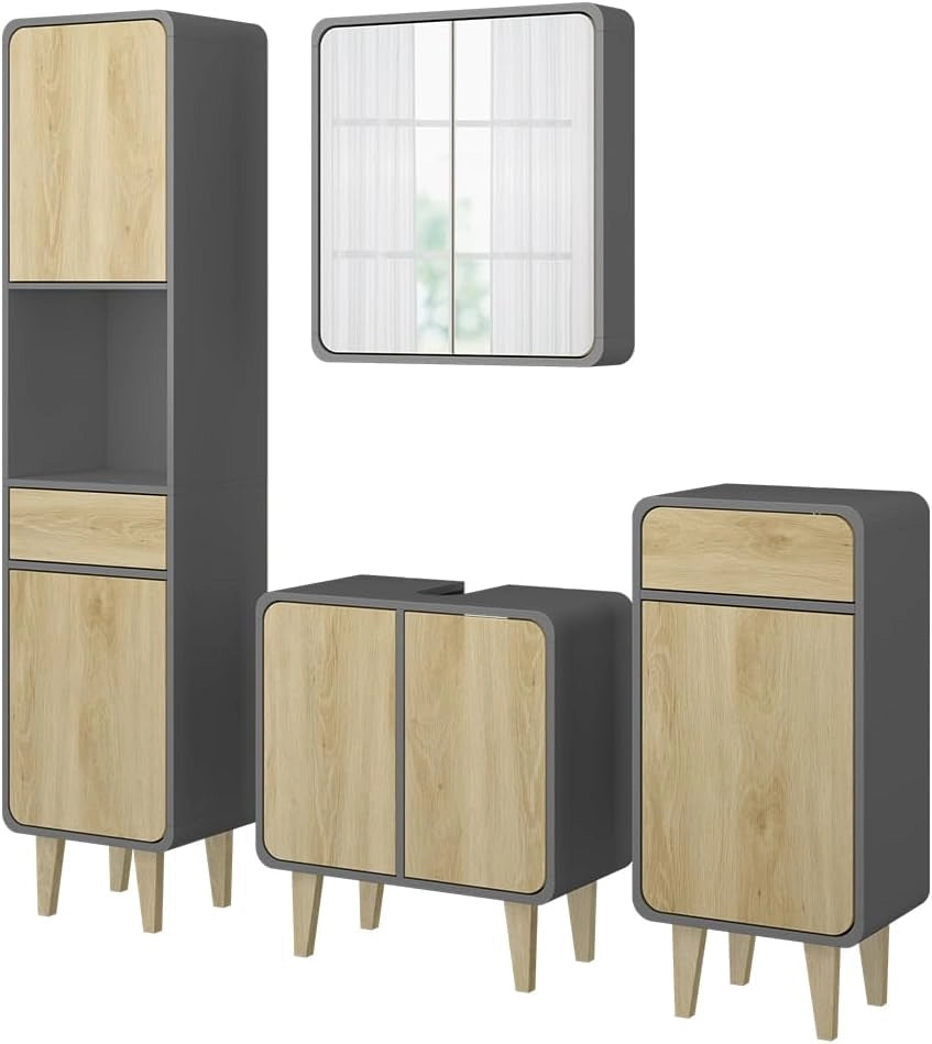 Set di mobili da bagno Arla, Antracite/quercia, 60 cm, composto da mobile lavabo, pensile a specchio, colonna e base media