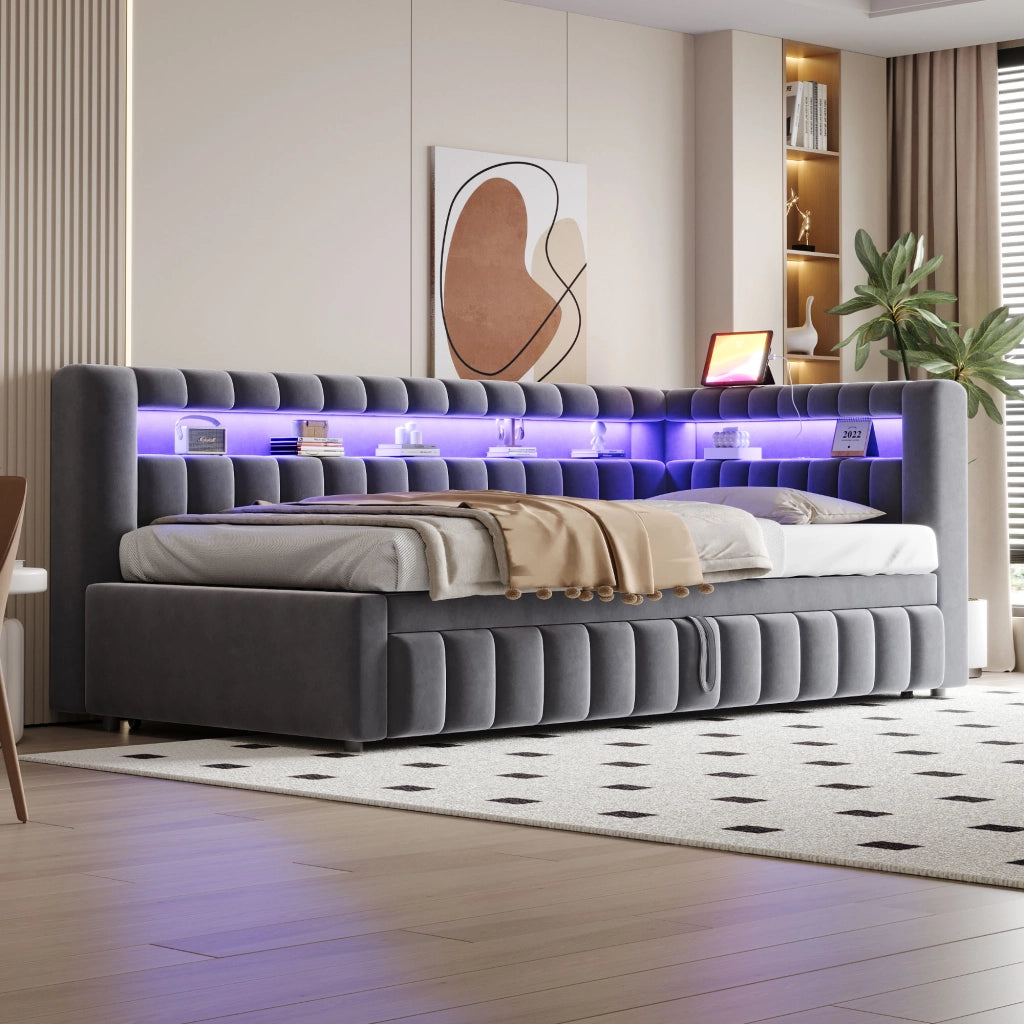 Letto estraibile 90 × 200 cm con illuminazione LED, ripiani, USB e Type-C, senza materasso, grigio