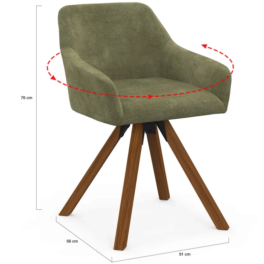 IDMarket - Set di 2 poltrone girevoli per sala da pranzo e tavolo JANY in tessuto di ciniglia verde con gambe in noce