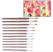Set di pennelli a spazzola in nylon - 12 pezzi - manico in legno - adatto per acrilico/aquarello - lunghezza complessiva 18-21,9 cm - forte assorbimento d'acqua - pennelli a spazzola