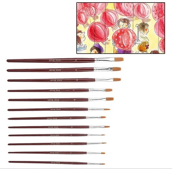 Set di pennelli a spazzola in nylon - 12 pezzi - manico in legno - adatto per acrilico/aquarello - lunghezza complessiva 18-21,9 cm - forte assorbimento d'acqua - pennelli a spazzola