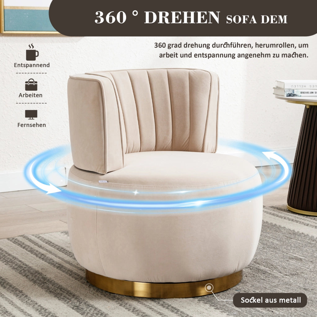 Sedia girevole a 360° in velluto beige; con schienale ergonomico e base in legno e metallo