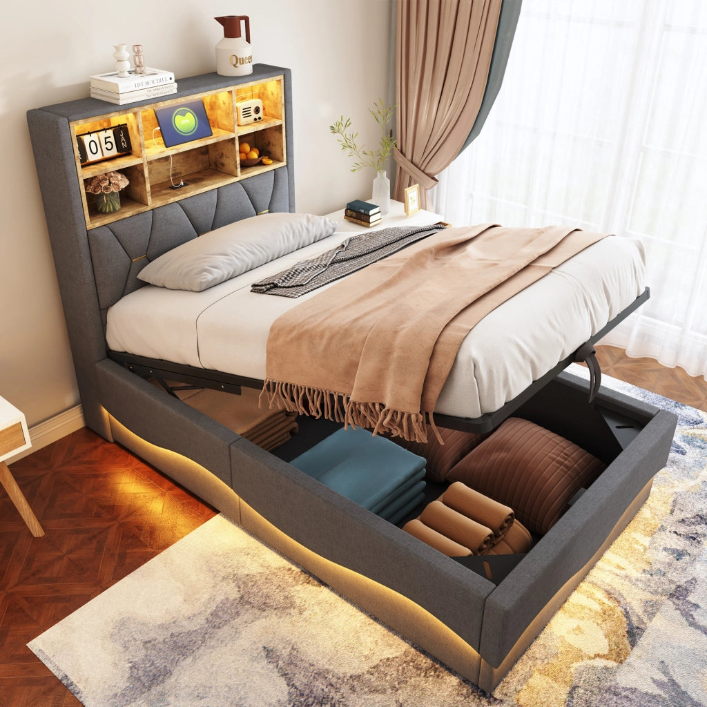 OKWISH Letto Bambini 90×200 cm, Letto Singolo con Contenitore Idraulico, LED con App, USB e Vano Portaoggetti, senza Materasso, Grigio