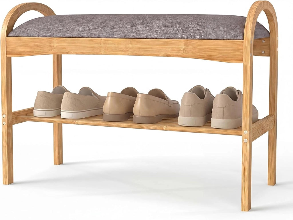Panca Scarpiera da Ingresso, Panca Imbottita Porta Scarpe in Legno Bambù 2 Livelli, per Corridoio, Camera da Letto e Soggiorno, Carico 150 kg, 70 x 30 x 51 cm