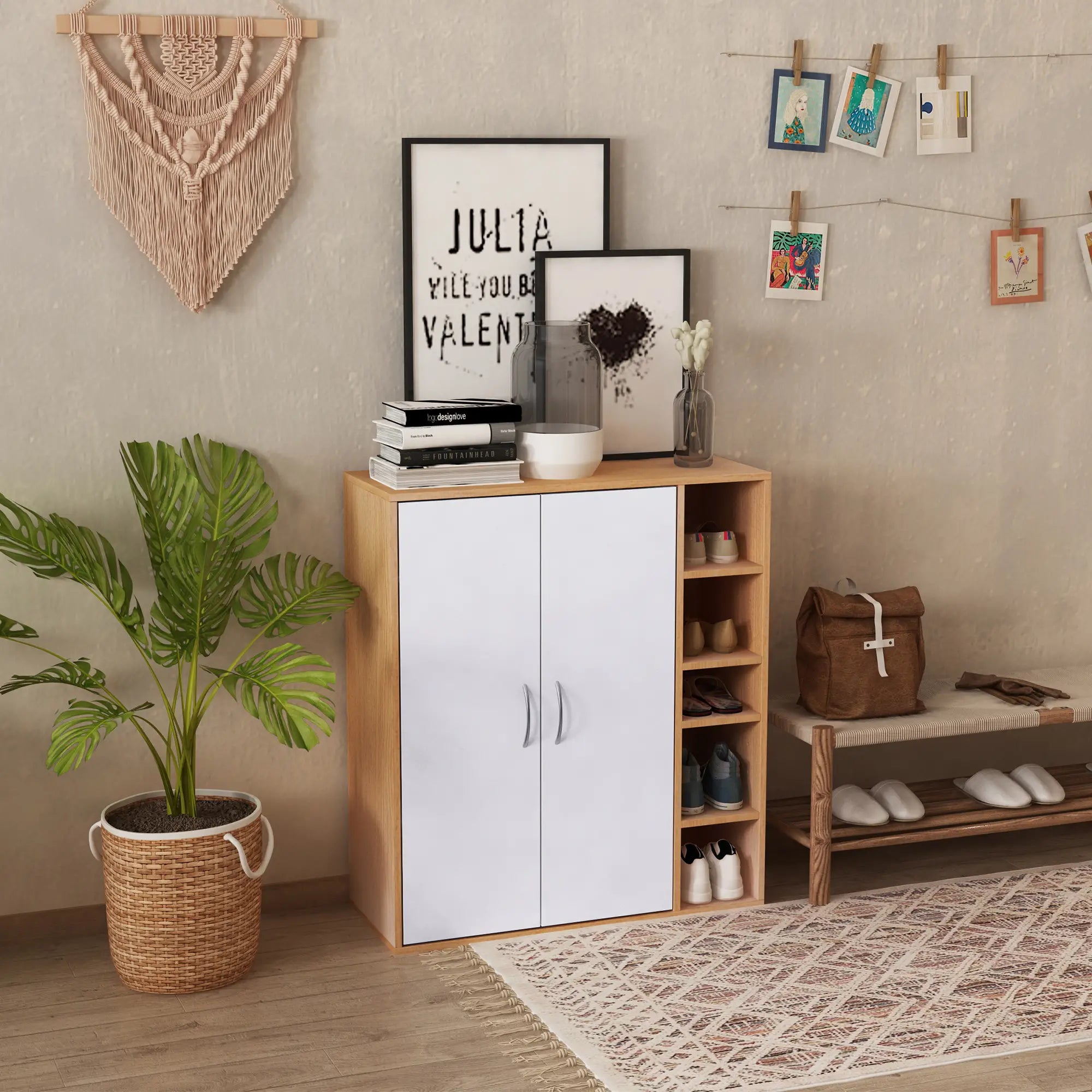 Credenza con 2 Ante e 5 Ripiani in Legno e Bianco 80x32x90.5 cm