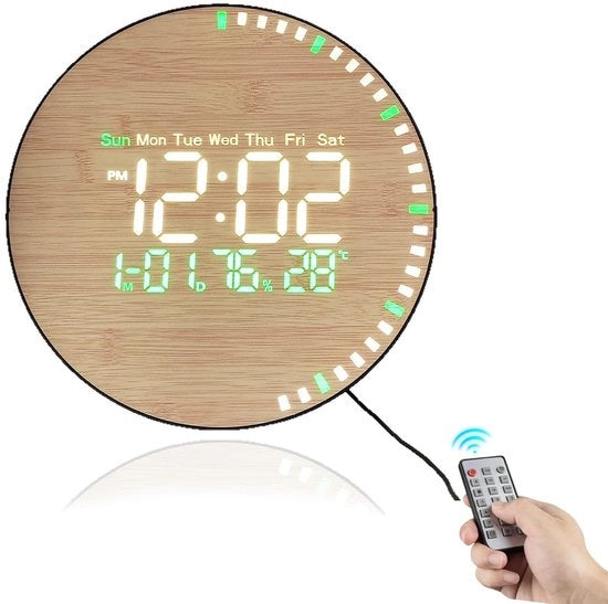 Orologio Digitale in Legno per Parete, 10,5" Grande Orologio LED per Parete con Comando a Distanza, Ora, Data, Temperatura, Umidità, Allarme, Illuminazione Automatica, 24/12 Ore per Salotto, Ufficio, Scuola
