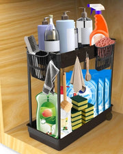 Organizzatore per detergenti sotto il lavandino organizzatore per la cucina con 4 ganci e 2 coperchi per appendere 2 livelli neri