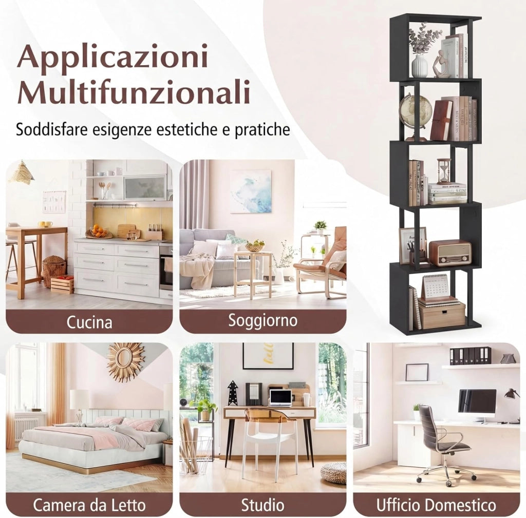 Libreria a 5 Livelli in Legno, Scaffale Espositore Geometrico con Struttura in Metallo, Mobile Portaoggetti Salvaspazio per Camera da Letto Soggiorno Ufficio, 38x23x147 cm (Nero)