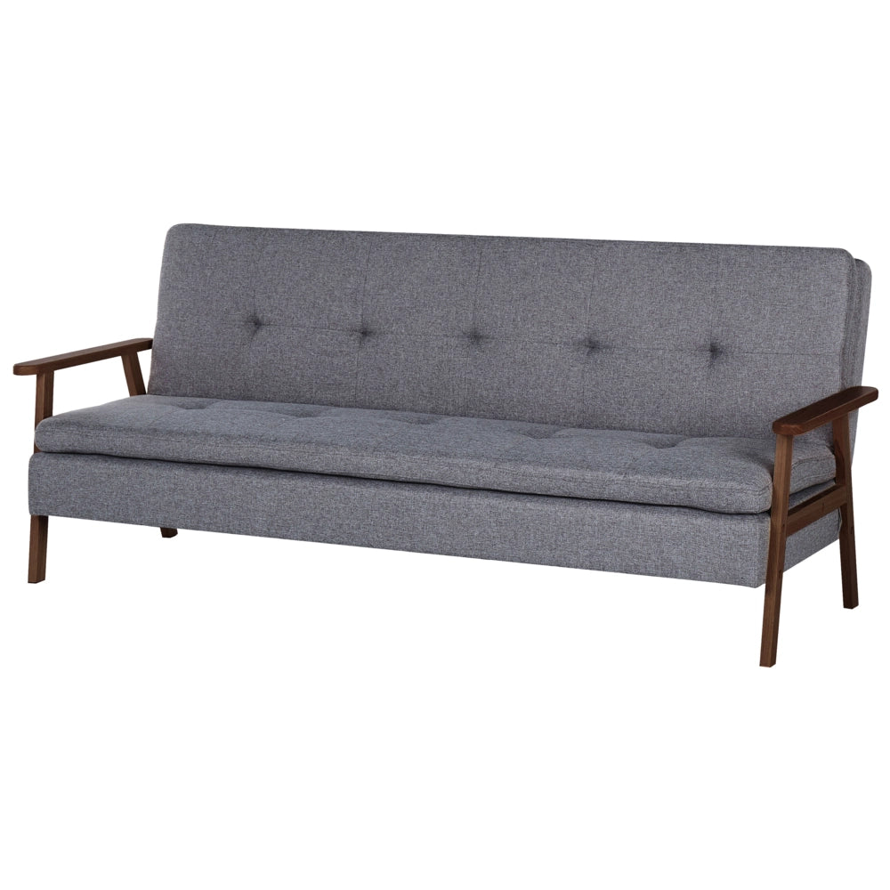 Divano letto moderno in tessuto grigio braccioli in legno scuro gambe trasformabili stile moderno
