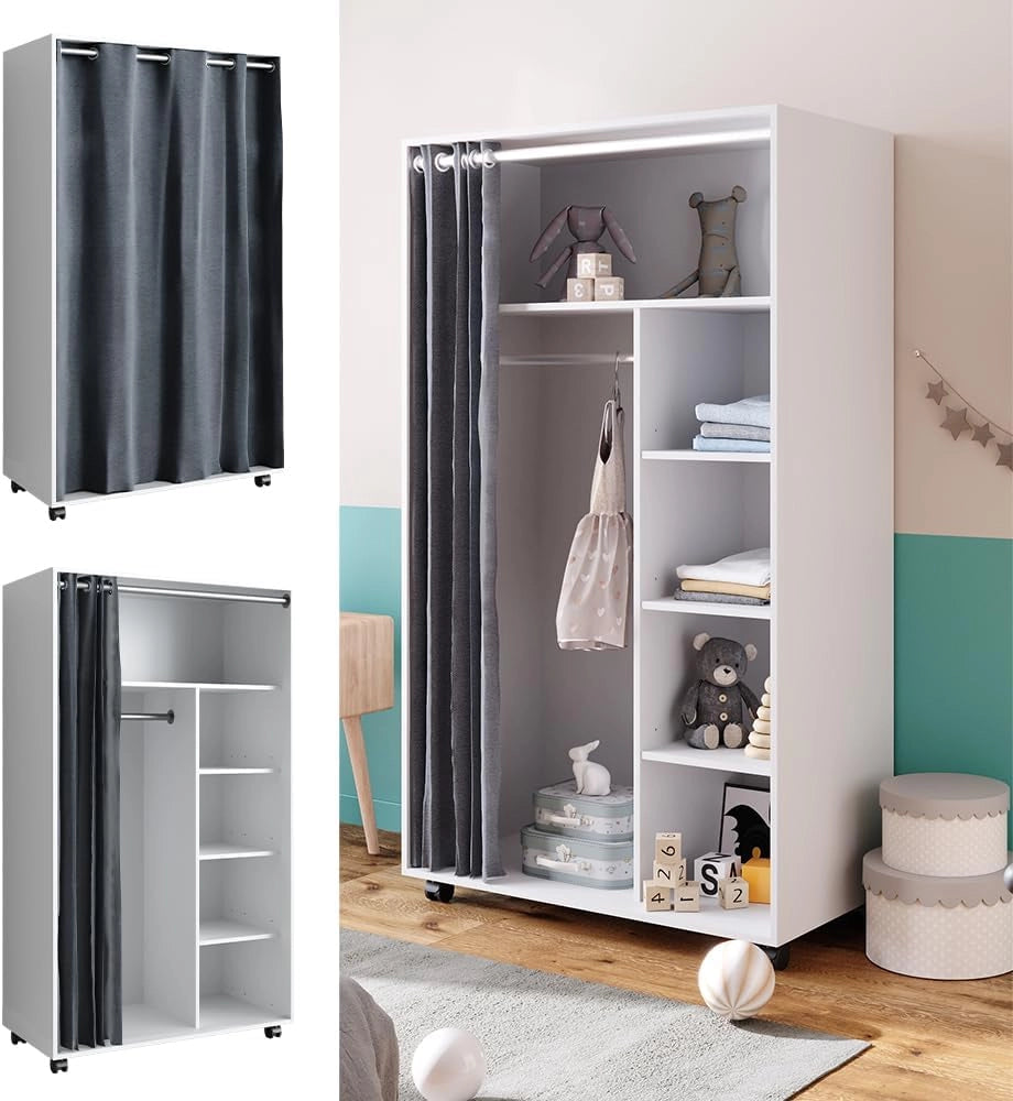 Armadio multifunzione Doros, Bianco, 100 x 168 cm Con rulli, per la conservazione flessibile di abbigliamento e accessori