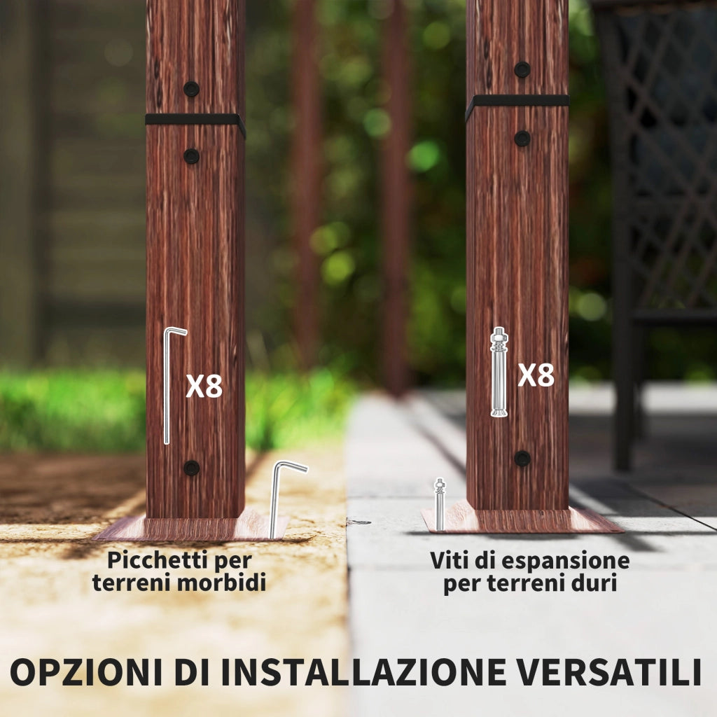 Gazebo Pergola con Tetto Retrattile. Picchetti e Viti. in Poliestere e Alluminio. 382x300x232 cm. color Legno