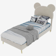 Letto Singolo 90x200 cm; Contenitore; Testiera Sagomata; in Tessuto e Metallo; Beige