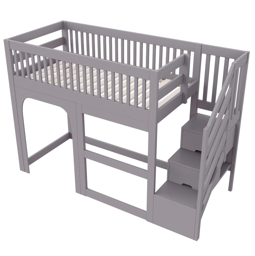 Letto a soppalco per bambini 90x200 cm in legno grigio con scala contenitore e LED