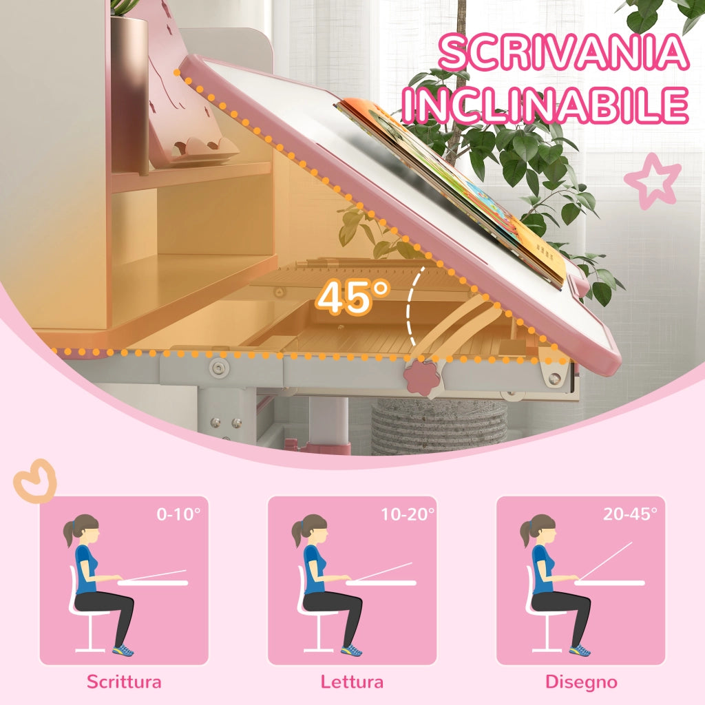 Scrivania Bambini con Sedia Regolabile e Piano Inclinabile ¨C zephmum ¨C Rosa