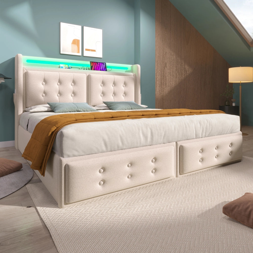 Letto Contenitore 180 x 200 cm; Letto Matrimoniale con USB; Type-C; LED e Mensola; senza Materasso; Beige