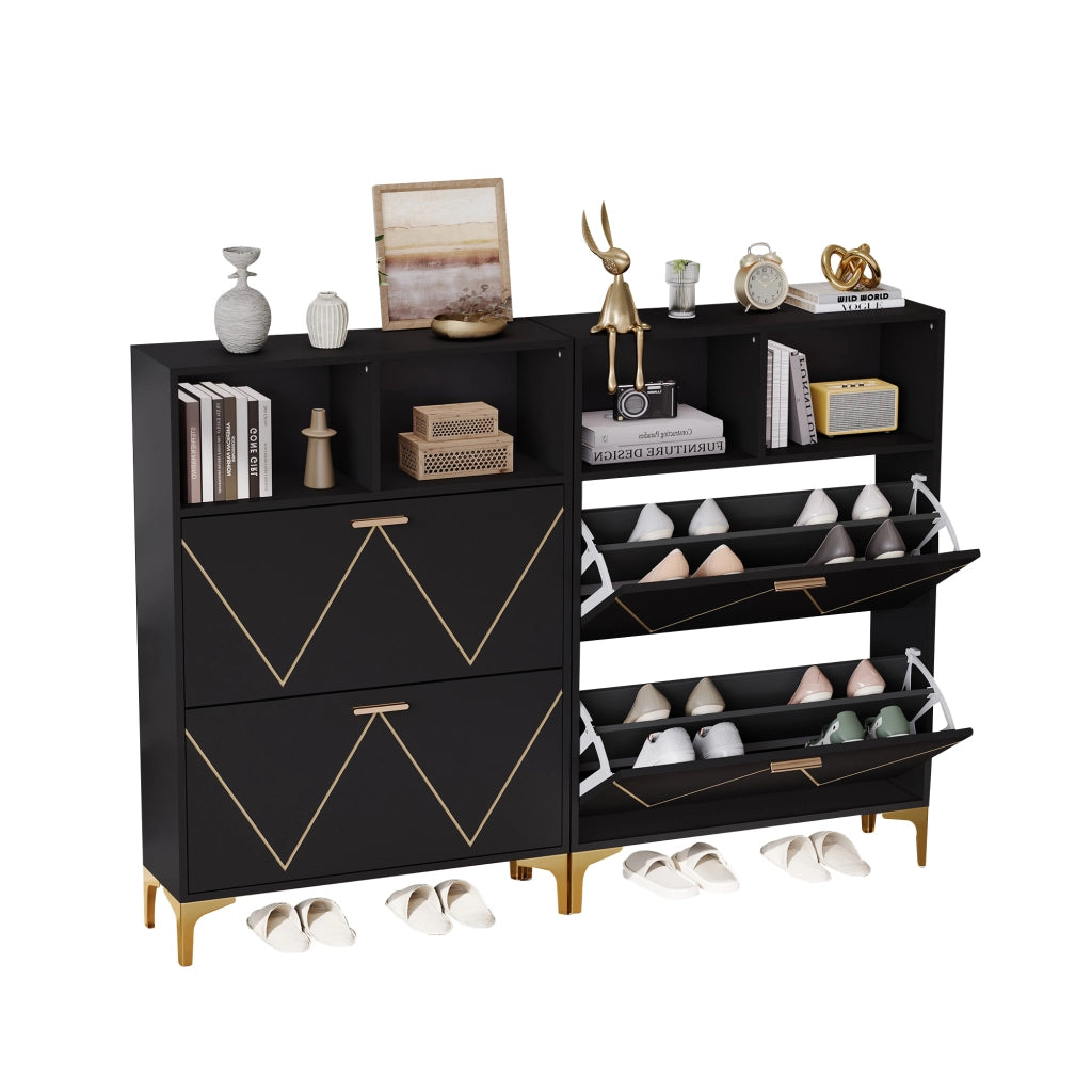 Scarpiera con 4 ante ribaltabili e 4 vani aperti, mobile ingresso con piano d'appoggio, in MDF nero, 80 × 25 × 117 cm