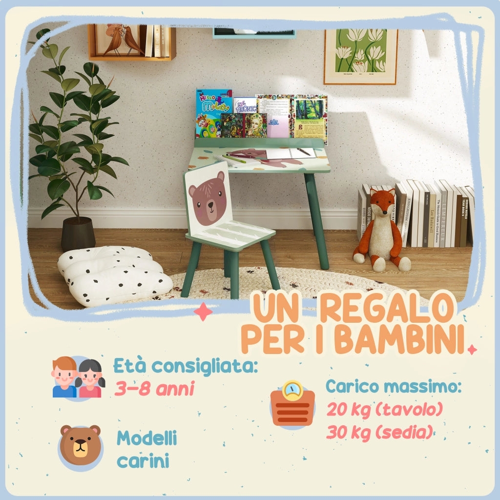 Set Sedia e Tavolino per Bambini con Ripiano Portaoggetti, in MDF e Legno di Pino, Verde