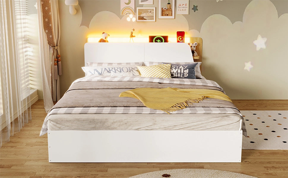 DESMIU Letto contenitore bambino 140 × 200 cm con USB, Type-C, LED, senza materasso, bianco e naturale
