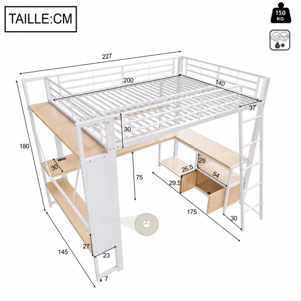 LETTO Soppalco 140x200 cm in metallo e MDF bianco con scrivania, LED e USB