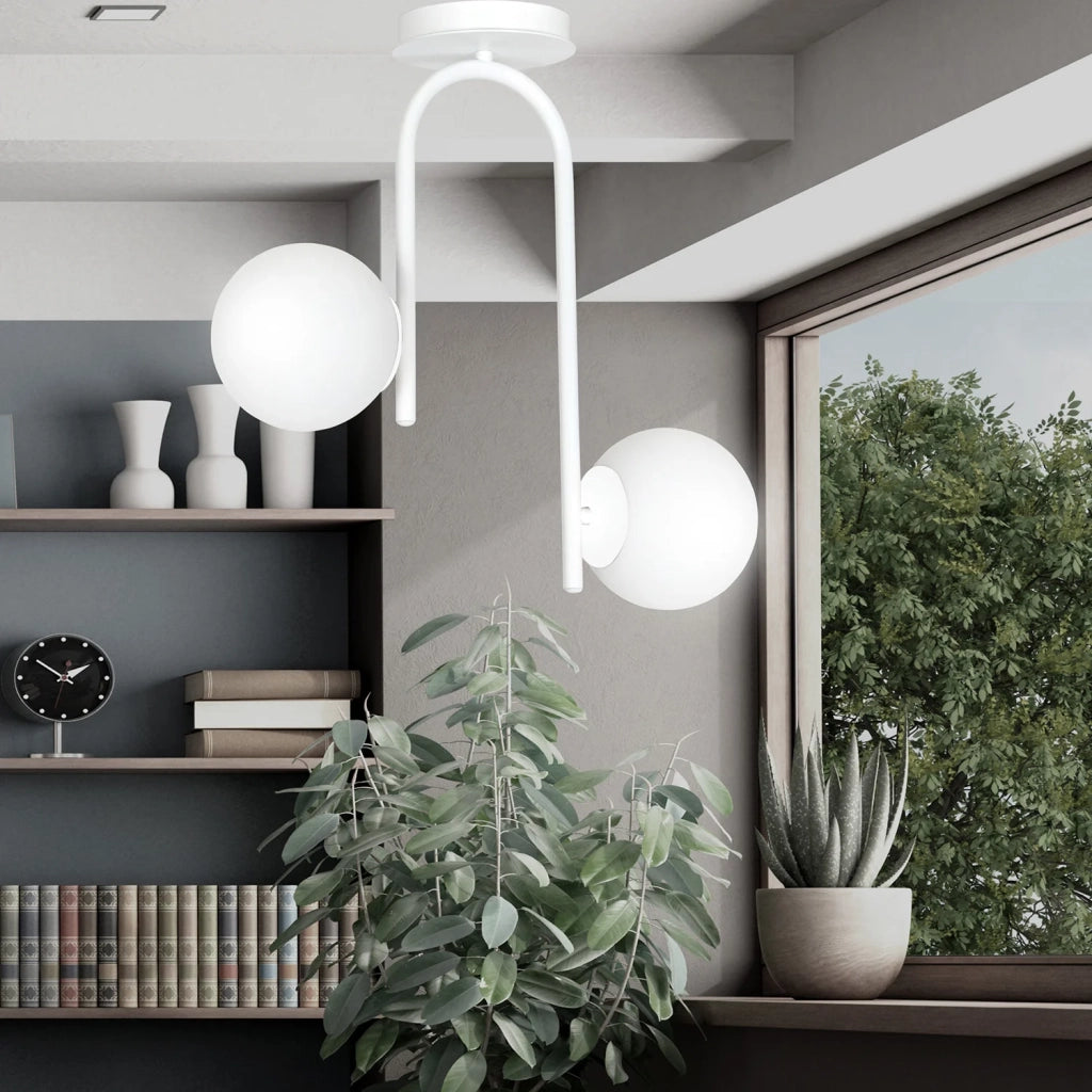 Lampadario 2 Luci Rama In Acciaio Bianco A Bracci E Sfere In Vetro Opalino