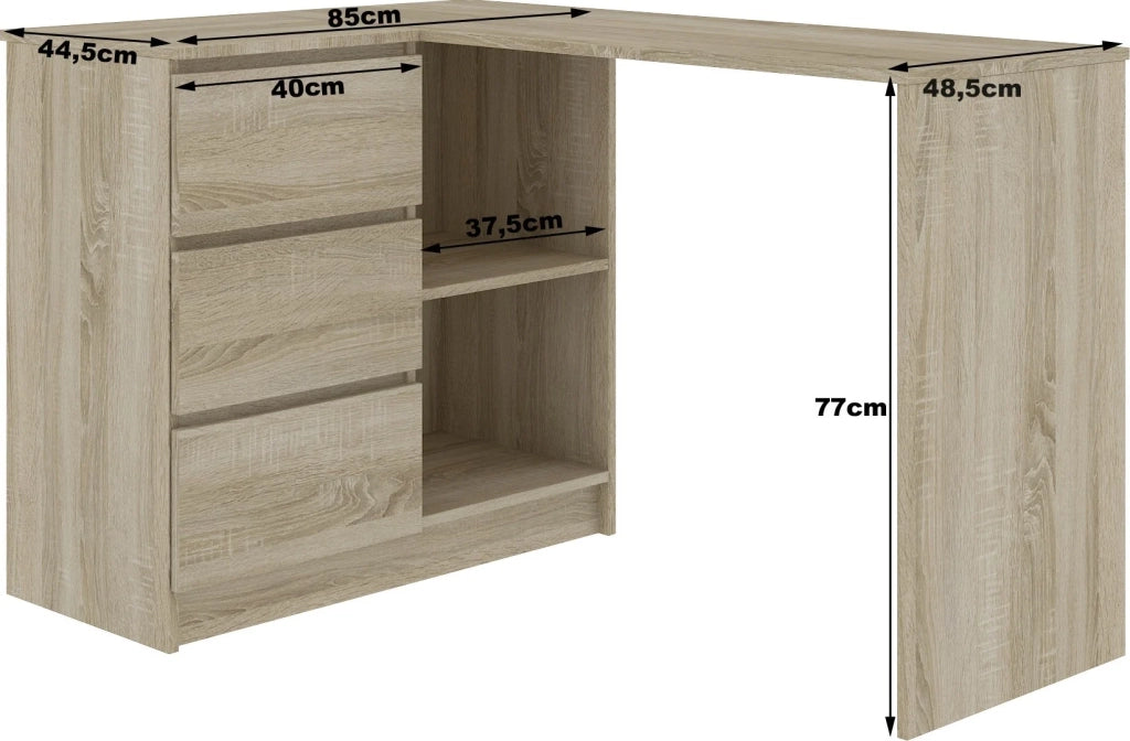 Scrivania angolare AKORD B16 Sonoma Quercia 124 cm 3 cassetti inserto frontale Bianco 124x85x77 cm Modello a sinistra