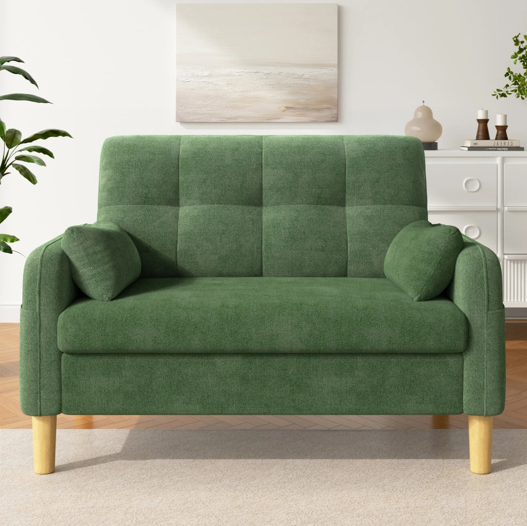 Sofa a 2 posti in chenille verde con 2 cuscini; 119 x 78 x 85 cm