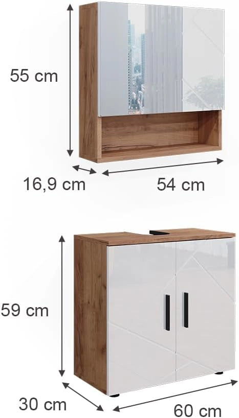 Set di mobili da bagno Irma, Bianco lucido/oro power oak, 80 cm, composto da specchio da bagno e mobile sottolavabo