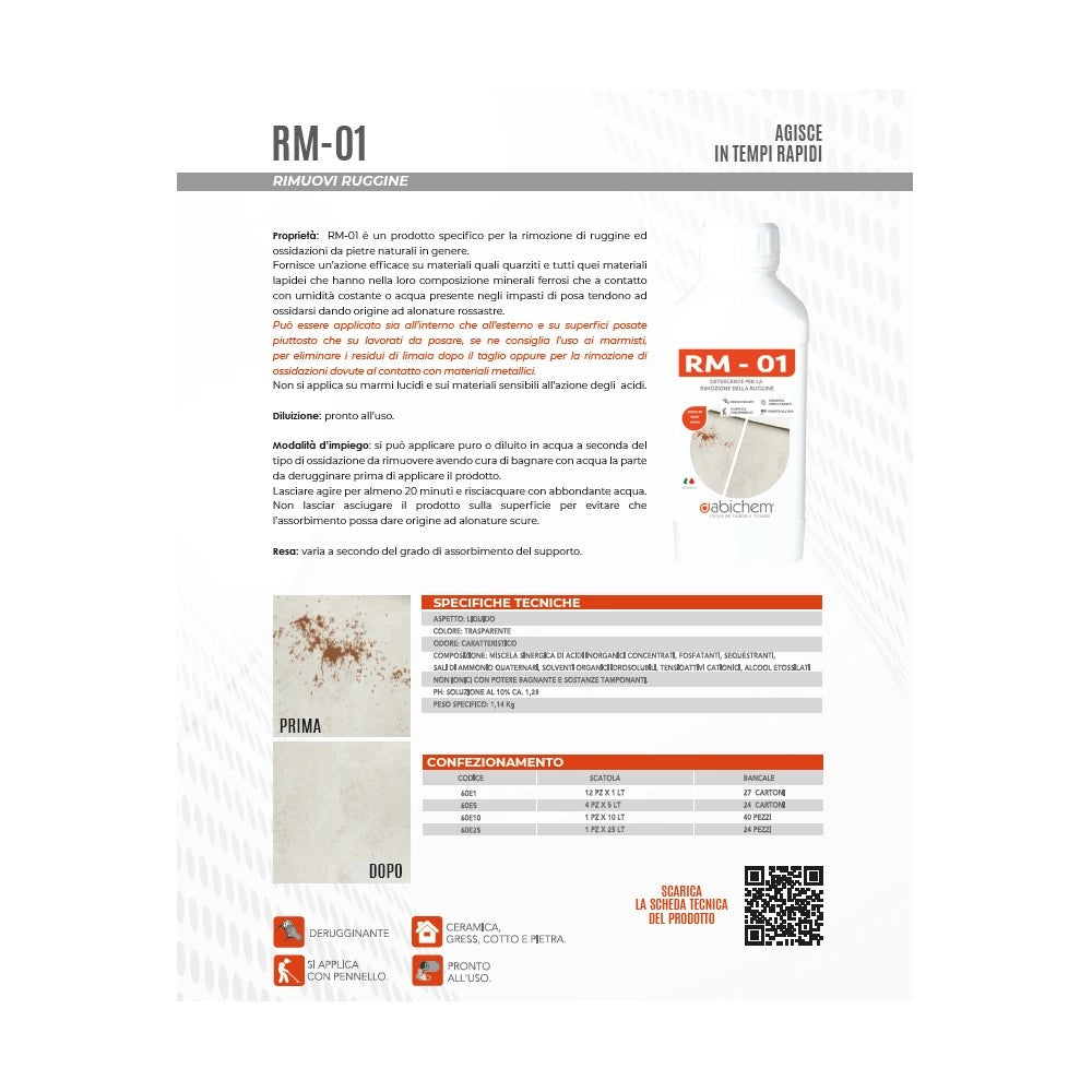 Abichem 1lt rm-01 detergente per la rimozione di ruggine ed ossidazioni da pietre naturali