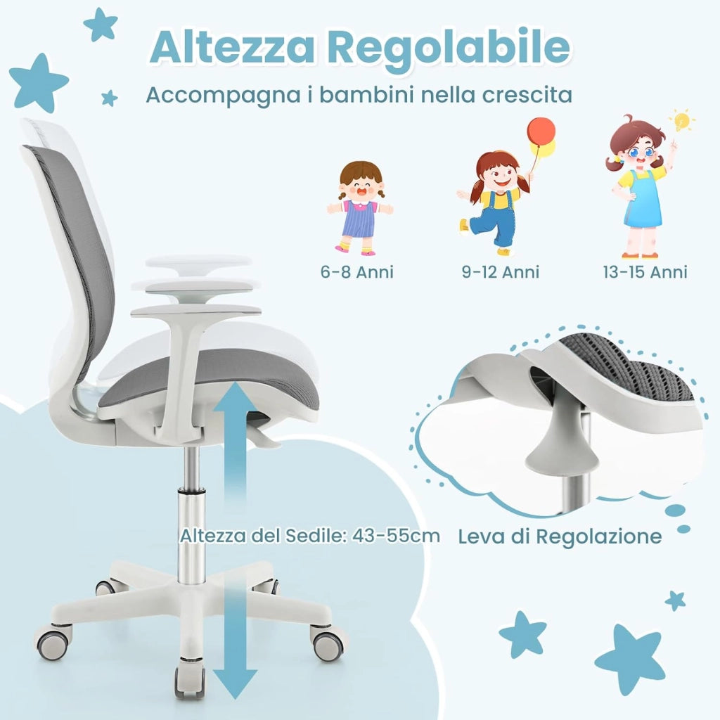 Sedia da Scrivania per Bambini, Sedia Girevole per Computer con Altezza Regolabile, Ruote con Freno, Braccioli Morbidi, Mobile Ergonomica per Bambini 6-15 Anni (Grigio, Rullo di Pressione)